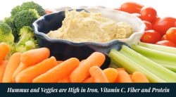 Hummus and veggies are high in iron, Vitamin C, fiber and protein.