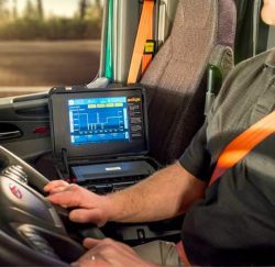 The iGlobal Edge ELD in a truck driver's cab